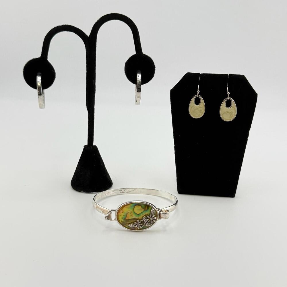 Artisan Sterling Silver Abalone Bracelet & Costume Earrings Bundle